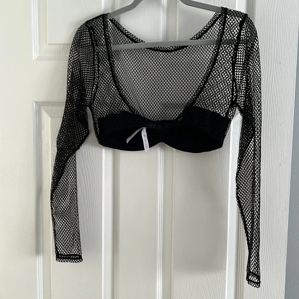 Urban Outfitters Out From Under Fish Net Long Sleeve Crop Top Black Size Medium - Picture 2 of 6
